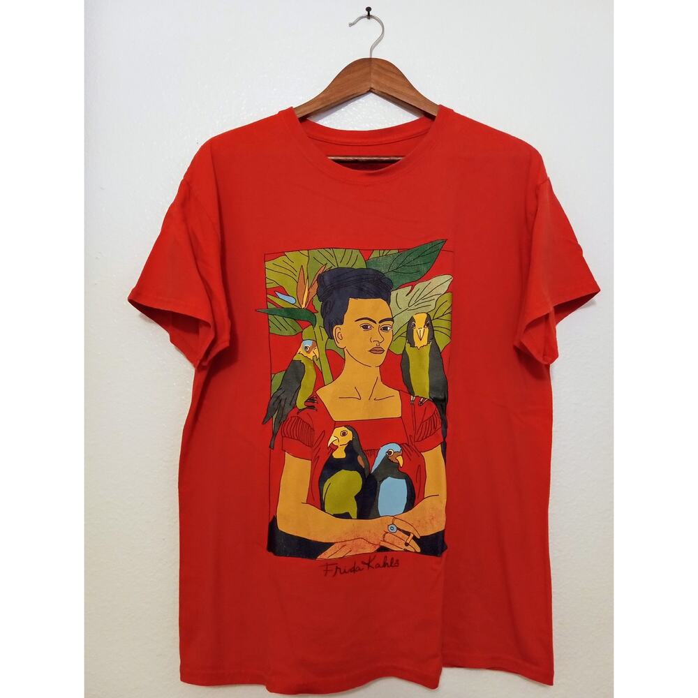 Frida Kahlo Me and My Parrot Graphic Tee Artistic Portrait Short Sleeve SZ M